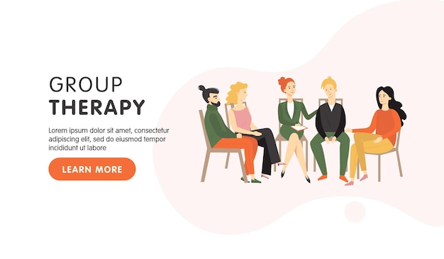 Group therapy session landing page Men and women sitting on chairs and talking to psychologist