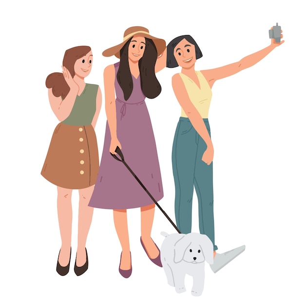 Group of three girls and dog taking a selfie Female friends photographed together