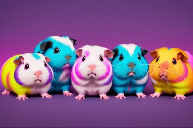 a group of three guinea pigs are lined up with one pink and blue one