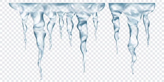 Group of translucent gray realistic icicles of different lengths connected at the top isolated on transparent background