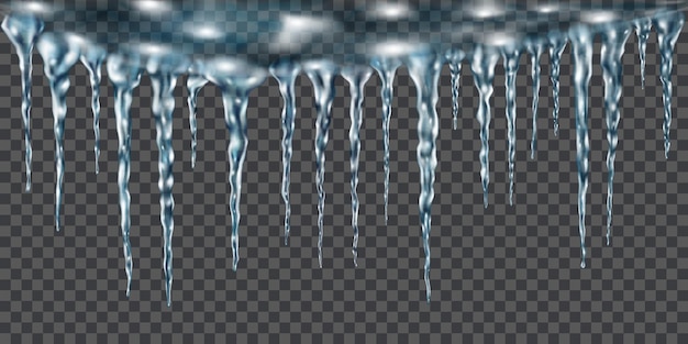 Vector group of translucent light blue realistic icicles of different lengths connected at the top. for use on dark background. transparency only in vector format