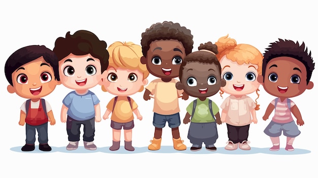 Vector group of twelve happy interracial little children