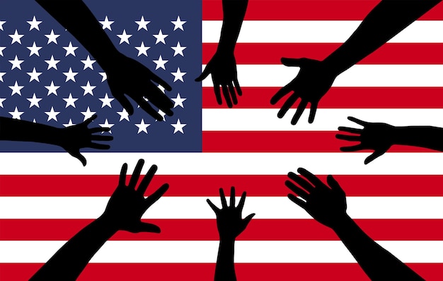 Group of USA people gathering hands vector silhouette unity or support idea