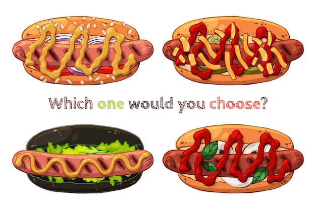 Group of vector kinds of hotdogs. 