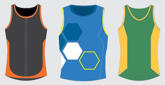 A group of vests with different colors and the number 9 on them.