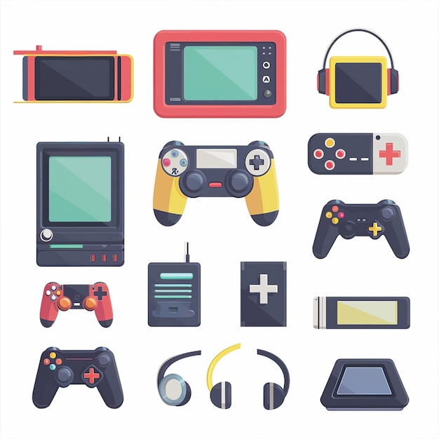 Vector a group of video game controllers and a white background