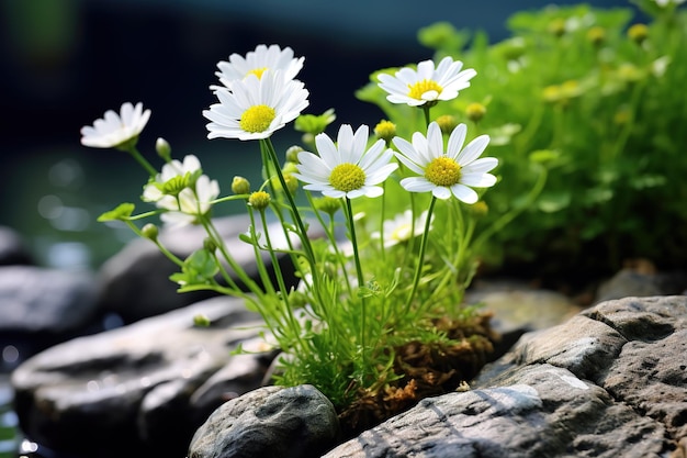 Vector a group of white flowers growing out of a rock