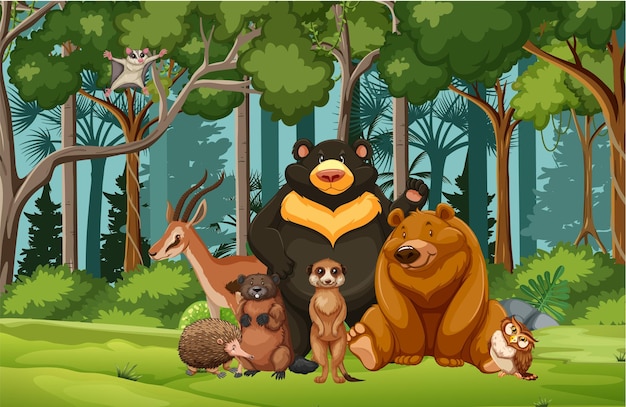 Group of wild animals in nature forest scene