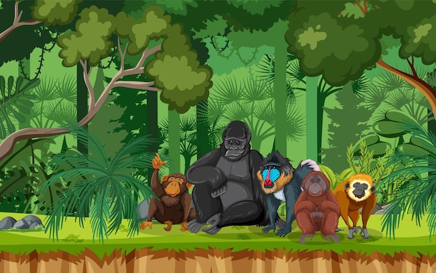 Group of wild animals in nature forest scene