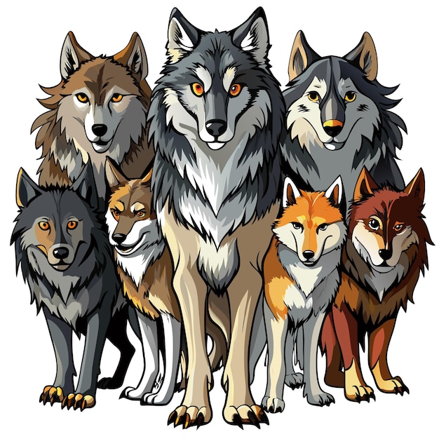 A Group of Wolves with Diverse Fur Colors and Expressions