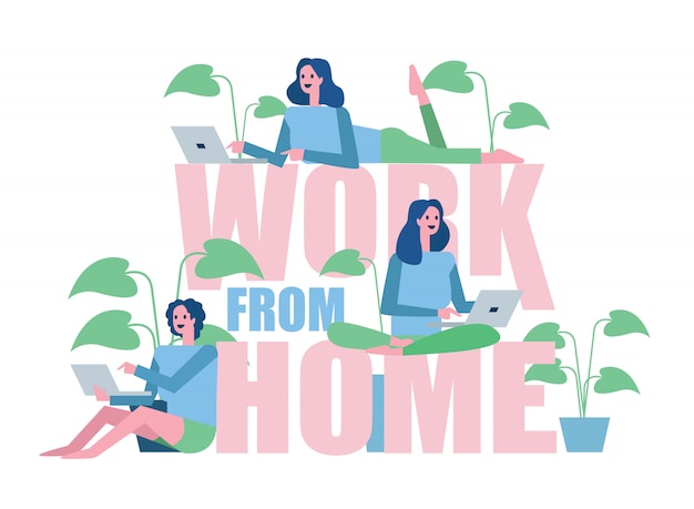 Group of woman working from home. Home quarantine concept design. illustration