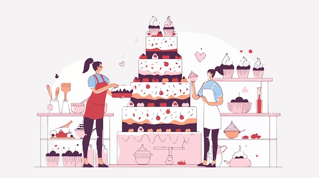 Vector group of women cooking together near giant cake