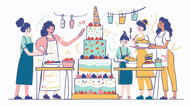 Vector group of women cooking together near giant cake