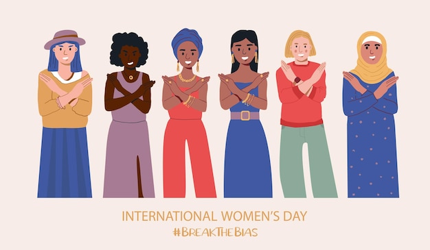 A group of women of different nationalities with their hands crossed Break The Bias campaign