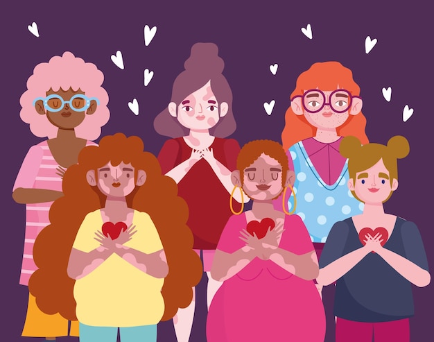 Group women diverse with hearts cartoon character self love  illustration