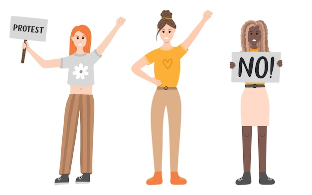 Group of women protest against gender violence Angry girls in different poses holding a banner raising fist up Civil resistance Hand drawn vector cartoon illustration Female community equality