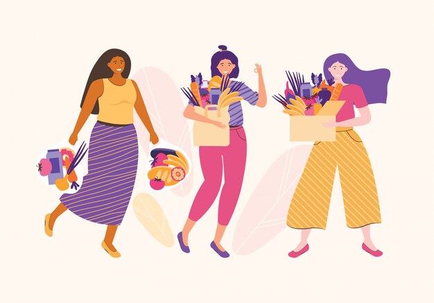 Group of women smiles and holds a cardboard box, paper packages and bag full of vegetables and fruits while. Ecological food and vegetarian. Female character dieting and healthy eating