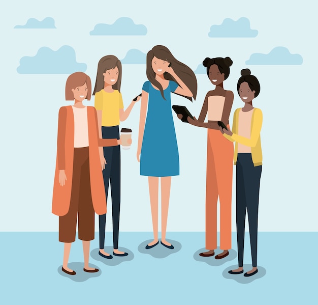 Group of women using smartphone and drinking coffee