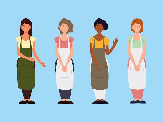 Group women wearing apron characters on blue background illustration