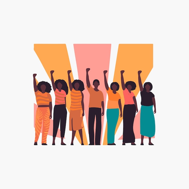 Vector group of women with arms up for equality