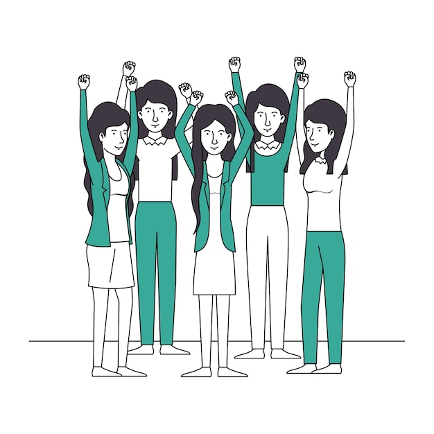 group of women with hands up and green clothes