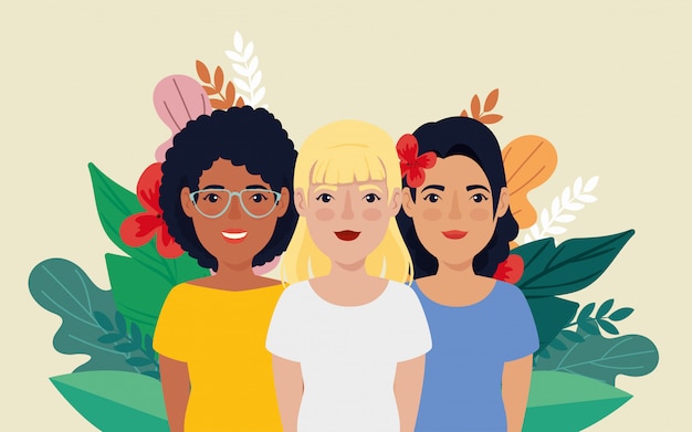 Group of women with leafs tropicals avatar character