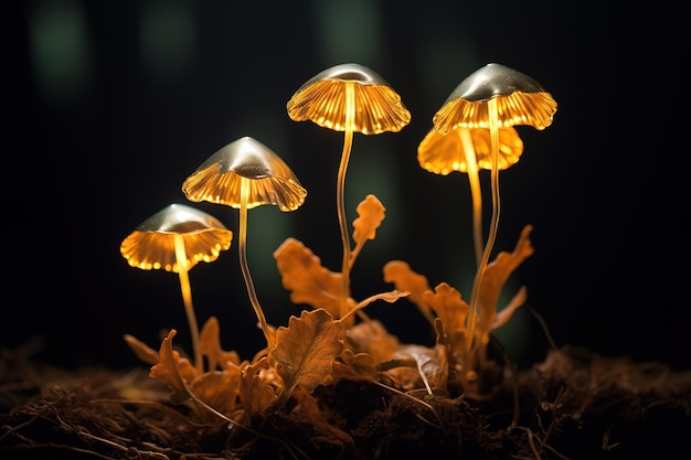 a group of yellow mushrooms with a yellow light on them