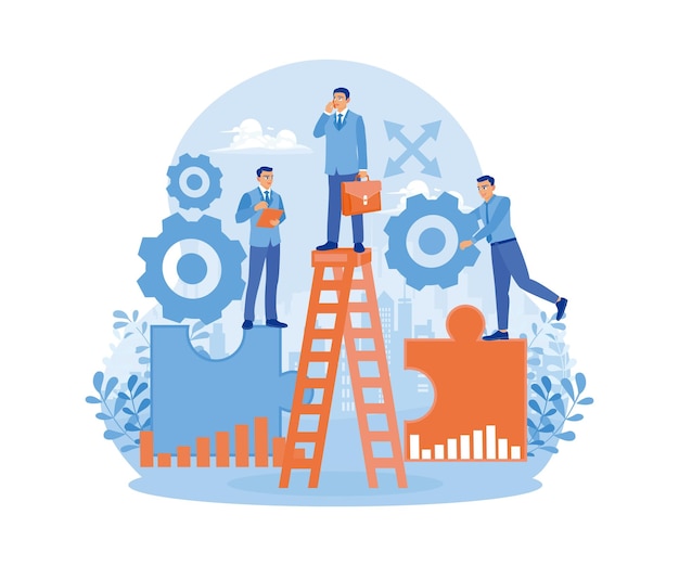 A group of young businesspeople work together to solve a problem Plan business strategies towards targets Teamwork concept Flat vector illustration