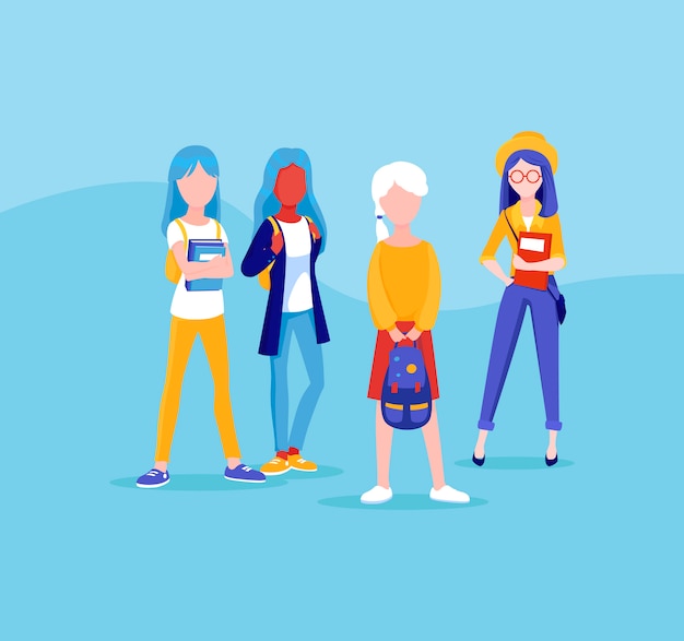 Group of young girls friends, stand together. Students, schoolchildren illustration in cartoon style. Set of teens girls. School friends talking at recess