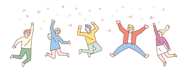 Group of young happy laughing people jumping with raised hands Students Vector flat cartoon illust