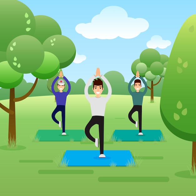 Group of young men practicing yoga in the park. Banner, site, Poster Template