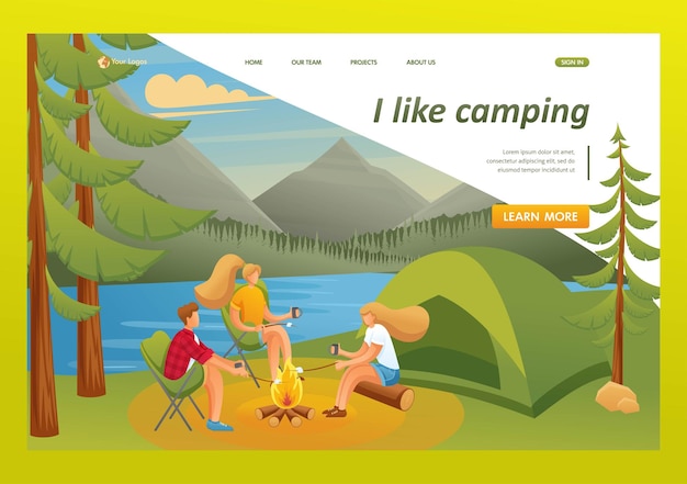 Group of young people at a camping sitting near a fire in the woods Flat 2D character Landing page concepts and web design