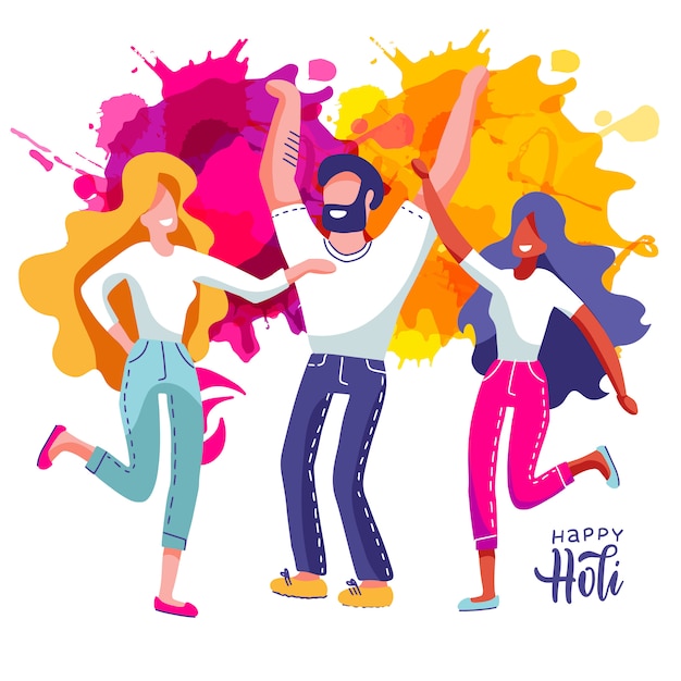 Group of young people celebrates Holi. Set of Man and women throw colored paint splashes.  illustration in flat cartoon style