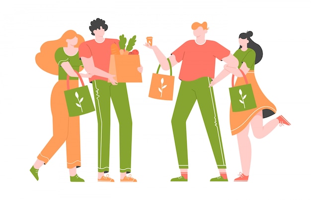 Group of young people, millenials are shopping in a store without plastic.