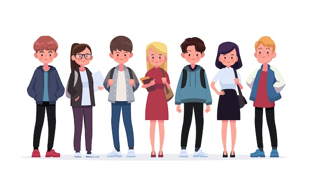 Group of young students. Flat style illustration isolated on white