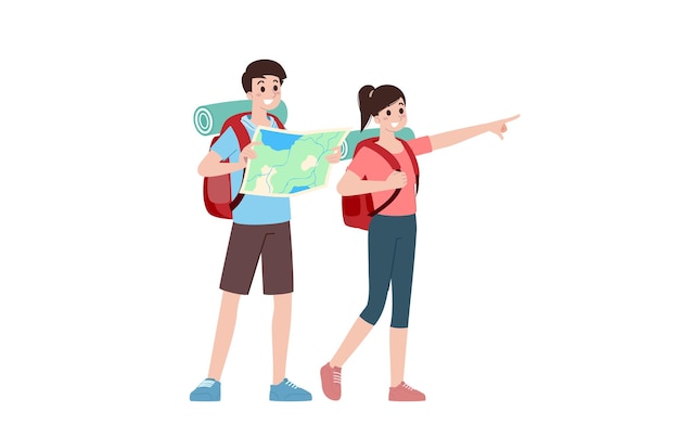 Group of young tourist characters. Traveling tourists with travel backpack going on vacation trip after covid-19 virus was diminish. Vacation people isolated vector. Summer character, woman and man.