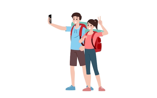 Group of young tourist characters. Traveling tourists with travel backpack going on vacation trip after covid-19 virus was diminish. Vacation people isolated vector. Summer character, woman and man.