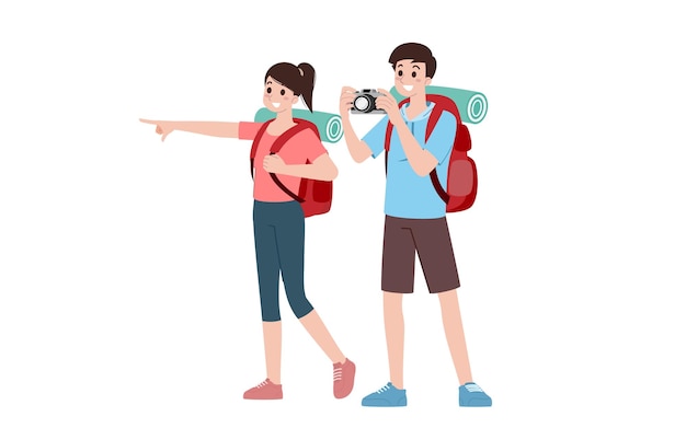 Group of young tourist characters Traveling tourists with travel backpack going on vacation trip after covid19 virus was diminish Vacation people isolated vector Summer character woman and man