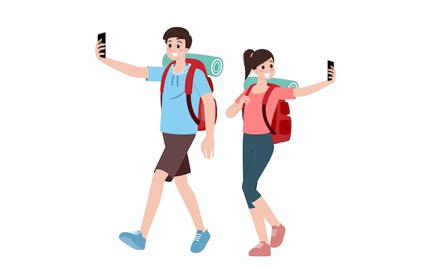 Group of young tourist characters Traveling tourists with travel backpack going on vacation trip after covid19 virus was diminish Vacation people isolated vector Summer character woman and man