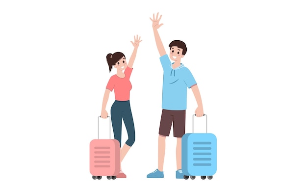 Group of young tourist characters Traveling tourists with travel backpack going on vacation trip after covid19 virus was diminish Vacation people isolated vector Summer character woman and man