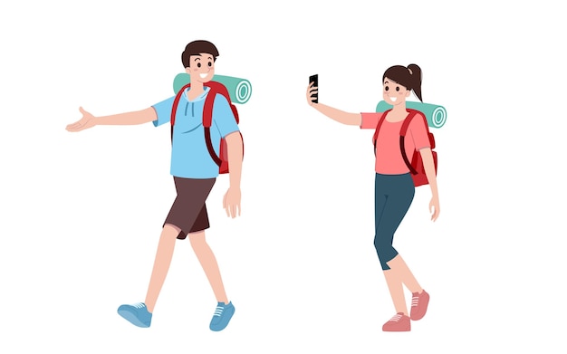 Group of young tourist characters Traveling tourists with travel backpack going on vacation trip after covid19 virus was diminish Vacation people isolated vector Summer character woman and man