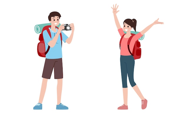 Group of young tourist characters Traveling tourists with travel backpack going on vacation trip after covid19 virus was diminish Vacation people isolated vector Summer character woman and man