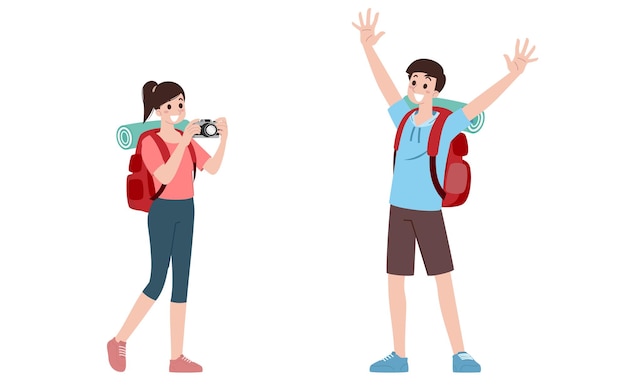 Group of young tourist characters Traveling tourists with travel backpack going on vacation trip after covid19 virus was diminish Vacation people isolated vector Summer character woman and man