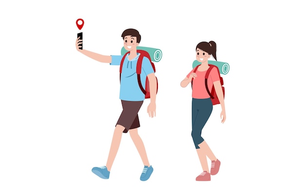 Group of young tourist characters Traveling tourists with travel backpack going on vacation trip after covid19 virus was diminish Vacation people isolated vector Summer character woman and man