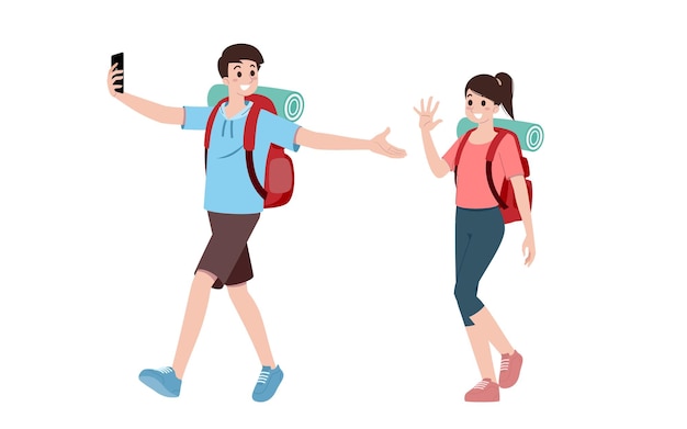 Group of young tourist characters Traveling tourists with travel backpack going on vacation trip after covid19 virus was diminish Vacation people isolated vector Summer character woman and man