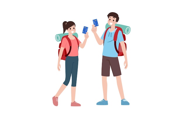 Group of young tourist characters Traveling tourists with travel backpack going on vacation trip after covid19 virus was diminish Vacation people isolated vector Summer character woman and man