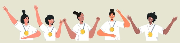 Group of young winner sporty women with champion gold medal Athlete female friends after championship Diverse girls team celebrating victory and success Set of flat vector illustration