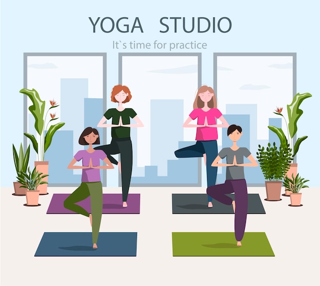 Vector group of young women doing yoga in a bright yoga studio in a big city. poster or banner vector