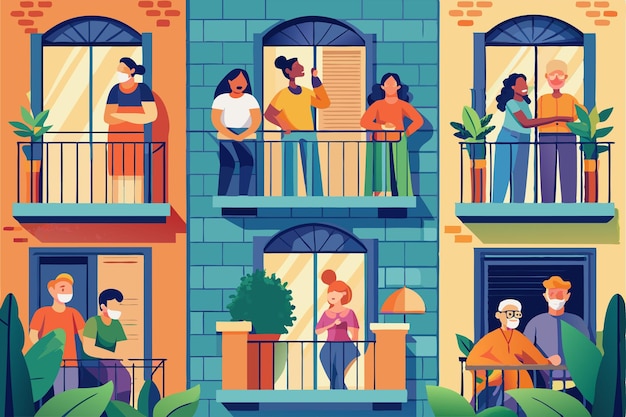 Vector groups of neighbors interact from their balconies sharing moments during the ongoing pandemic restrictions neighbours on balconies or windows during coronavirus customizable flat illustration