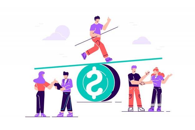 Vector groups of people on a swing on a big coin, balance, cost, power and comparison